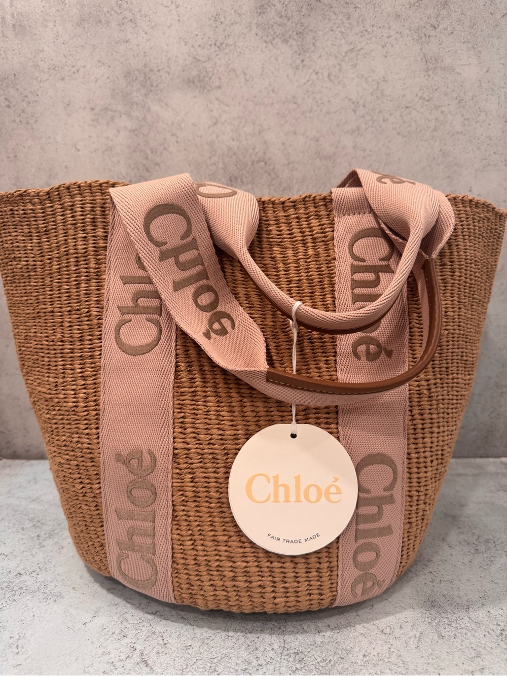 Chloe Tan Woven Tote with Blush Logo Straps